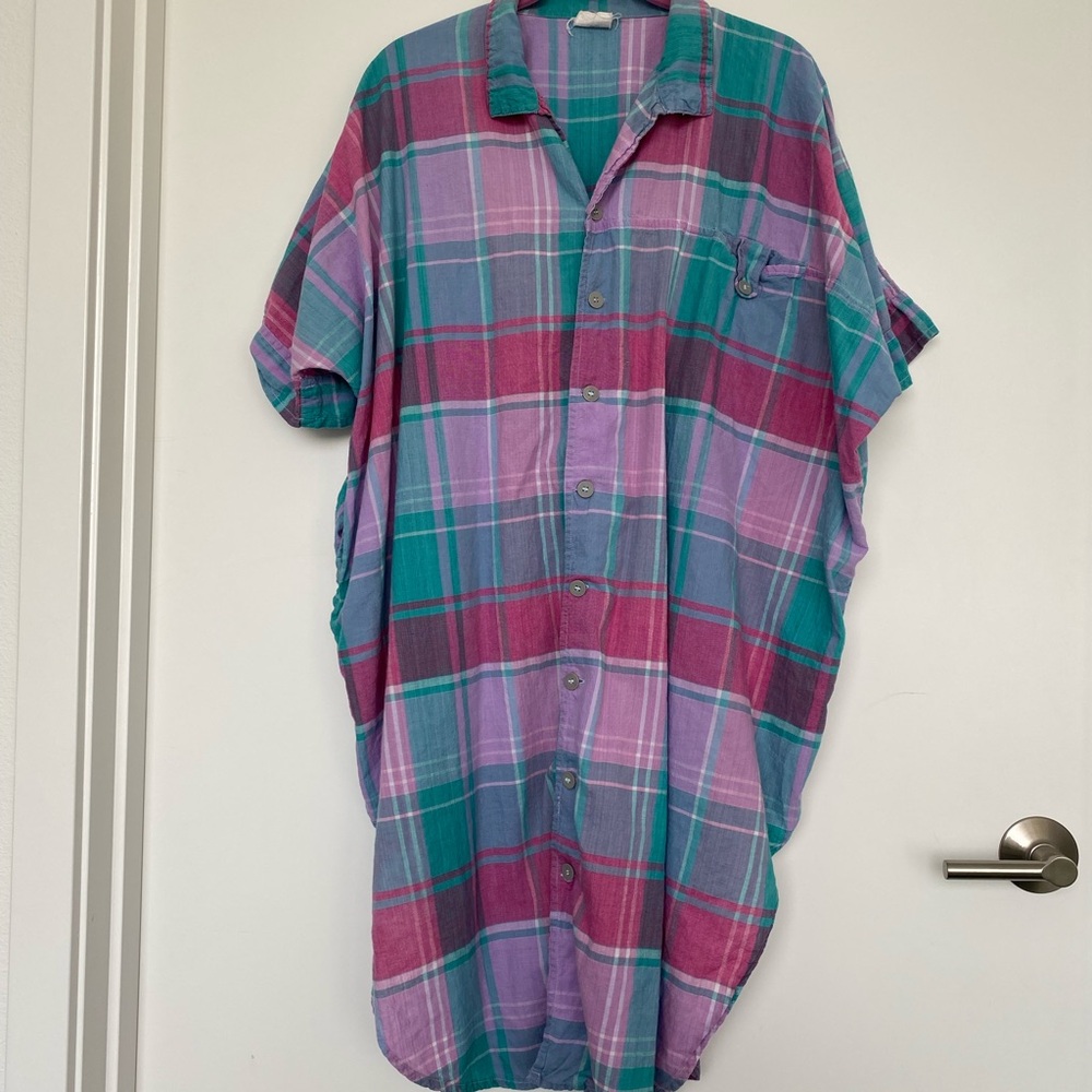 VINTAGE Plaid Long Button Up Tunic Top - Beach Cover Up - Plus Size Funky Shirt